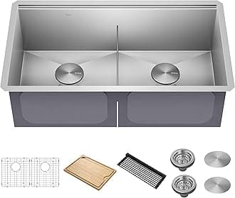 Kore Workstation 33-inch Undermount 16 Gauge Double Bowl Stainless Steel Kitchen Sink with Integrated Ledge and Accessories (Pack of 8)