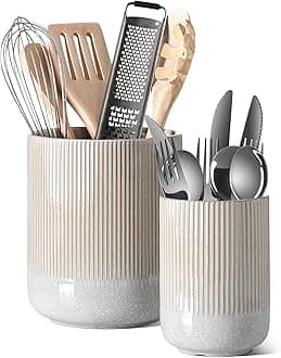 LE TAUCI Utensil Holder for Kitchen Counter, 7.3"+5.4" Fluted Ceramic Utensil Crock Organizer for Countertop, Heavy Large Holder for Spatulas, Spoons, Set of 2, Gray Marble