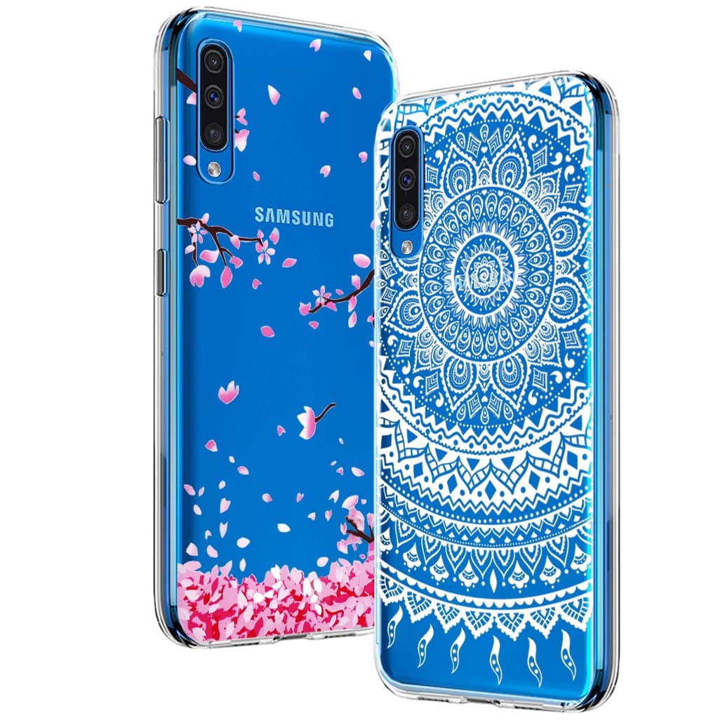 BAOWEI [2-Pack] for Samsung Galaxy A50 Case, Ultra Thin Crystal Clear Soft TPU Silicone Case with Stylish Cute Pattern Protective Phone Case Cover for Samsung A50 - White Mandala & Cherry Blossom