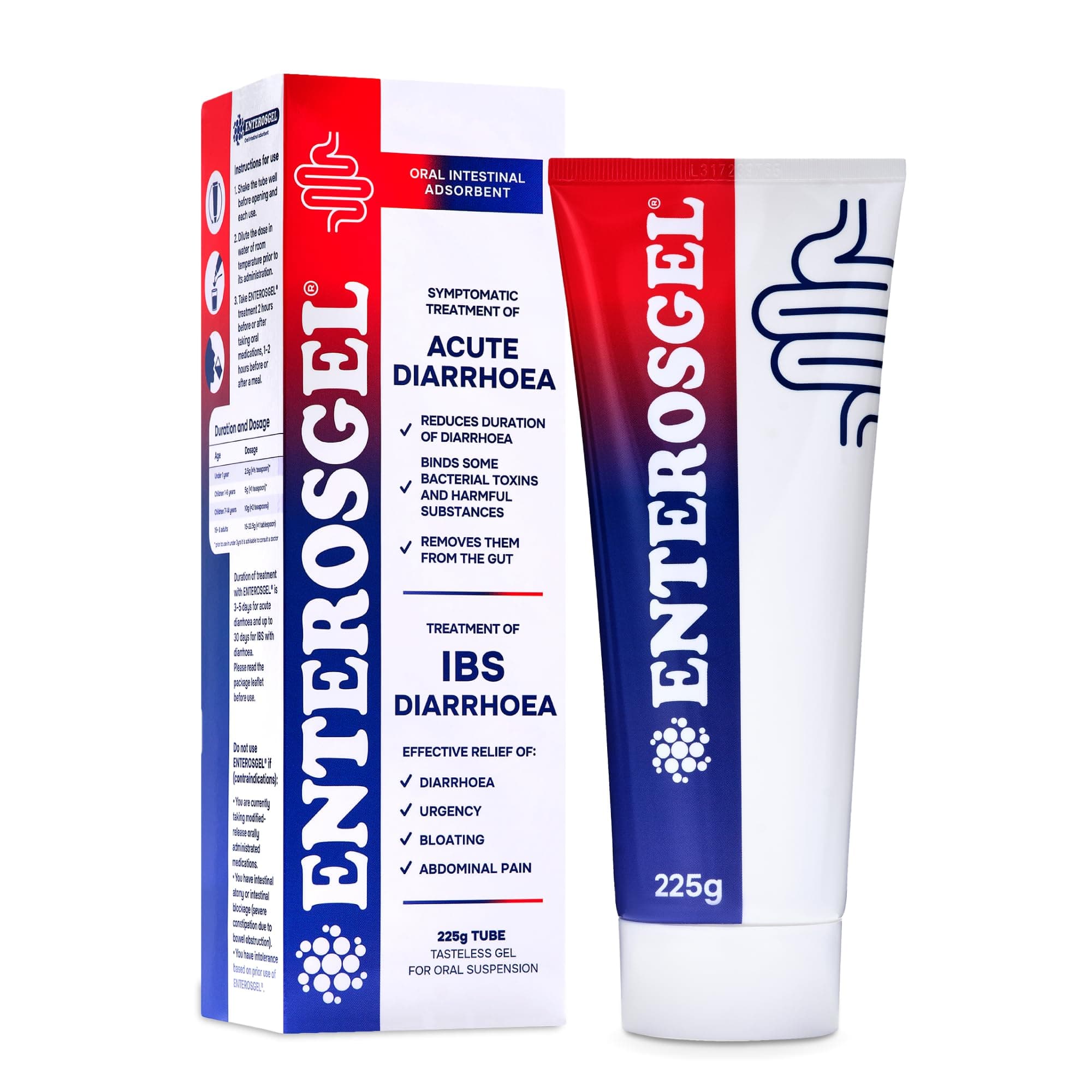 IBS Relief Gel Tube 225g - Oral Intestinal Adsorbent, Acute Diarrhoea & Stomach Pain Relief, Bloating Relief & Trapped Wind Relief - Treats Root Causes, Suitable for Children & Adults
