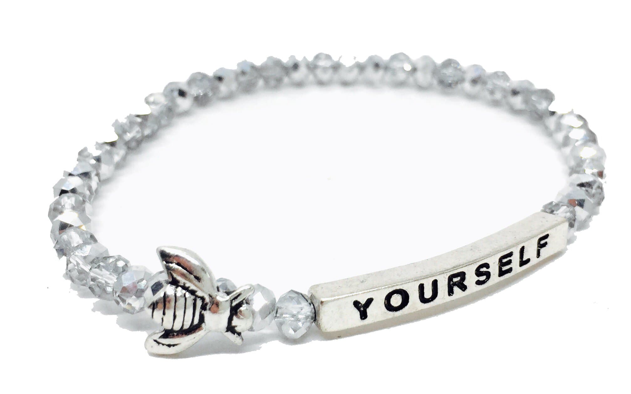 Bumble Bee Yourself Inspirational Quote Bracelet Bead Stacking Stretch Made in USA (Silver)