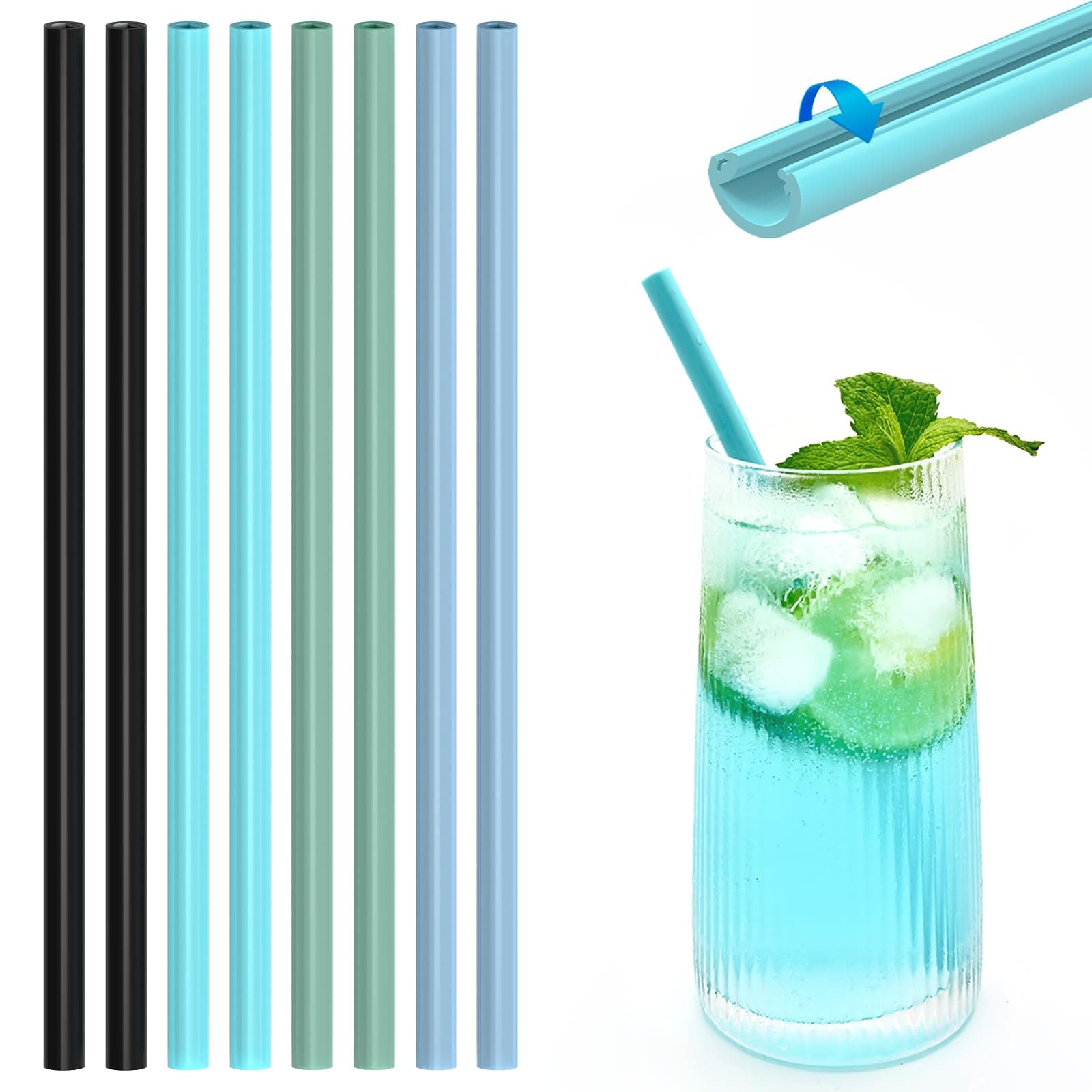 Reusable Silicone Washable Softy Drinking Straws in Snap Straw-Openable Straight Smoothie Straw Food Grade Hot and Cold Compatible (8, balck+shale+pool+sea, 7.87inch 8mm)