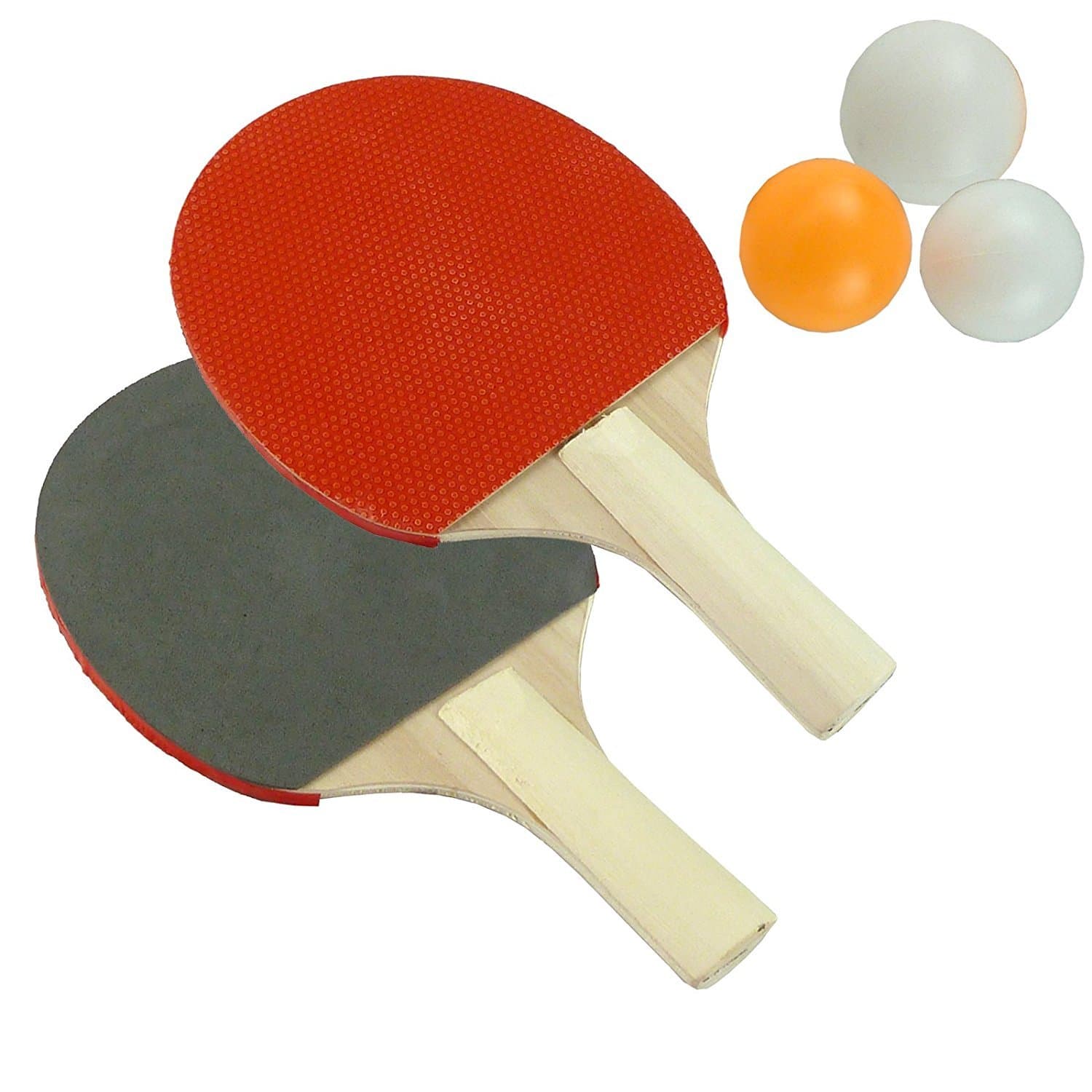 Table Tennis Set - 2 Player, 2 Rackets (Black/Red), 3 Balls (Orange/White), Wooden Handles, Ideal for Indoor/Outdoor Use