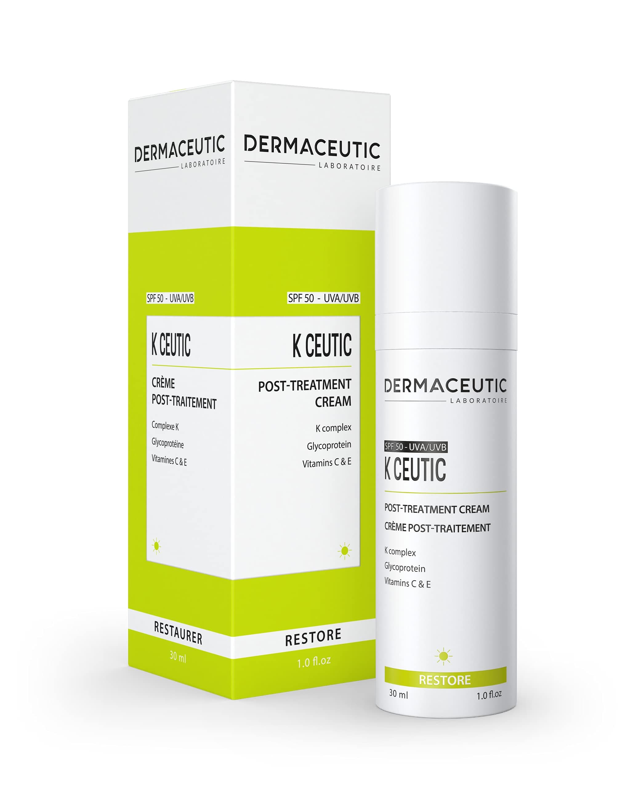 K Ceutic : This post treatment cream contains K Complex, Glycoprotein, vitamin C and E and UV Filters. 30 ml.
