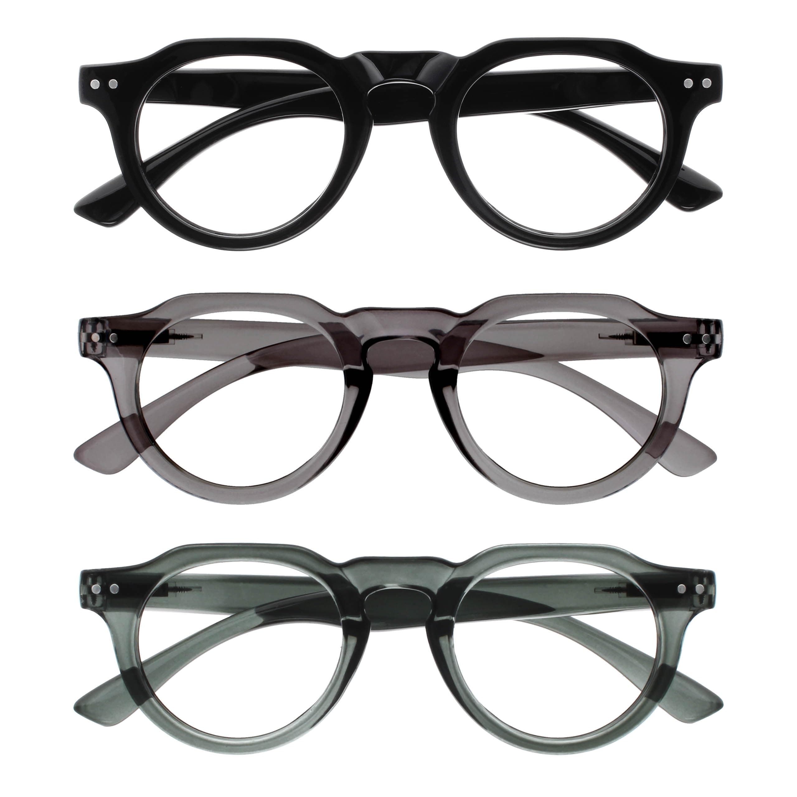 OPULIZE RIO Blue Light Blocking Reading Glasses - 3-Pack - Flat Top Frame - Black, Green, Grey - Mens Womens - Spring Hinges - BBB53-167 - +2.00