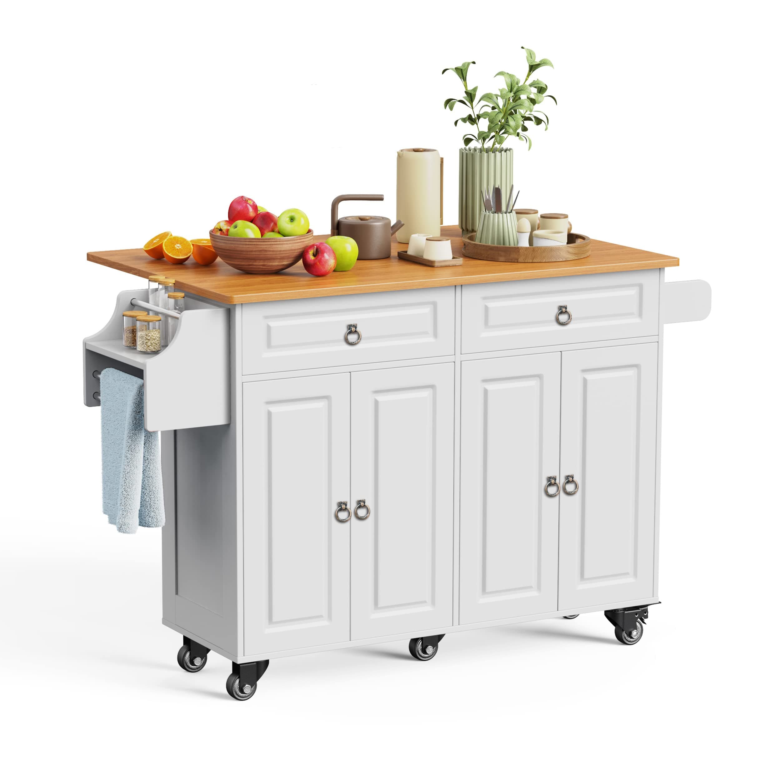 Aiho Kitchen Island Cart with Folding Drop Leaf, 52" Width Mobile Carts with Storage Cabinet, Rolling Kitchen Table with Spice Rack, Towel Rack, and Drawer, Portable Islands on Wheels, White