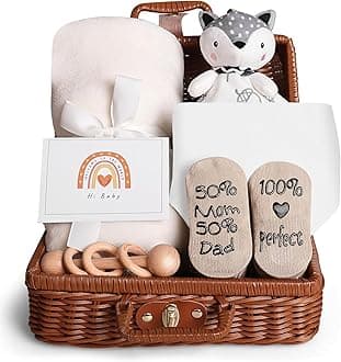 Baby Gift Basket, Newborn Gift Set with Baby Baby Rattle, Newborn Baby Gift Set, Newborn Baby Gifts, Medium Baby Gift Basket Kit for Expecting Moms(WHITE)