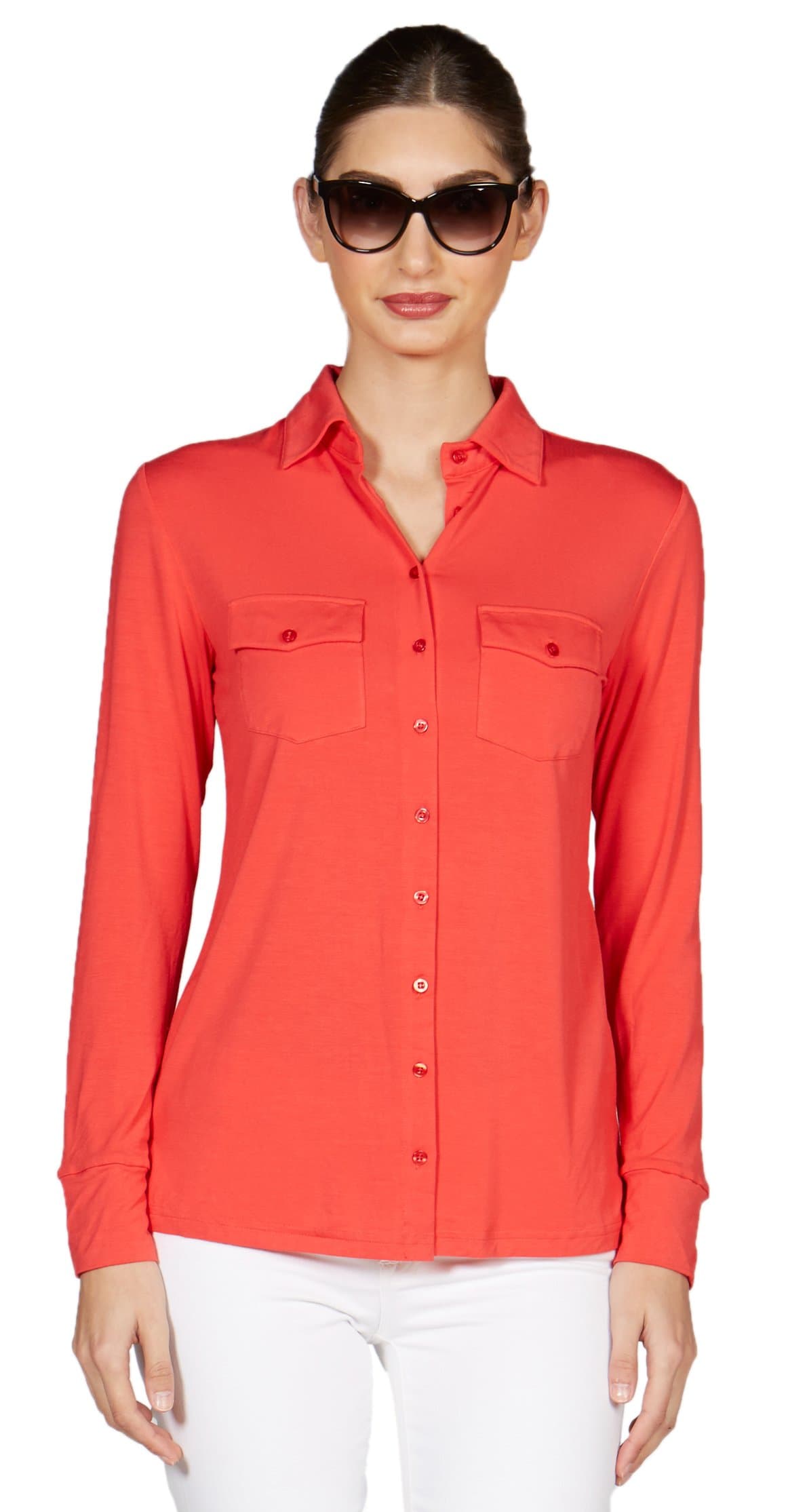 Mott50 Women's Lucille Button Down Shirt, Coral, Medium