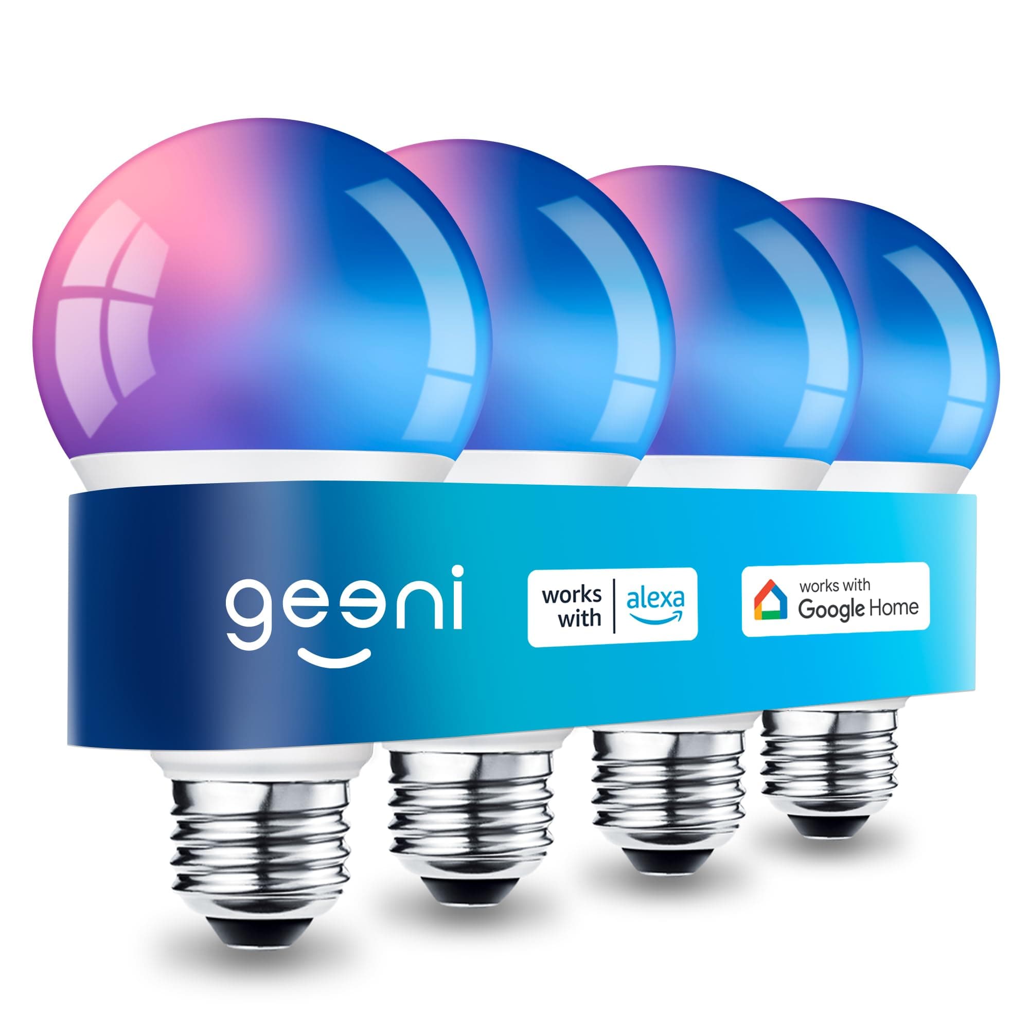 Geeni Prisma Plus 800 Dimmable Smart Light Bulbs with 2.4 GHz Wi-Fi Connectivity – Color-Changing & Tunable White, A19 LED Smart Bulb – Works with Alexa & Google, 4-Pack