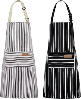 2 Pack Kitchen Cooking Aprons, Adjustable Bib Soft Chef Apron with 2 Pockets for Men Women(Black/Brown Stripes)