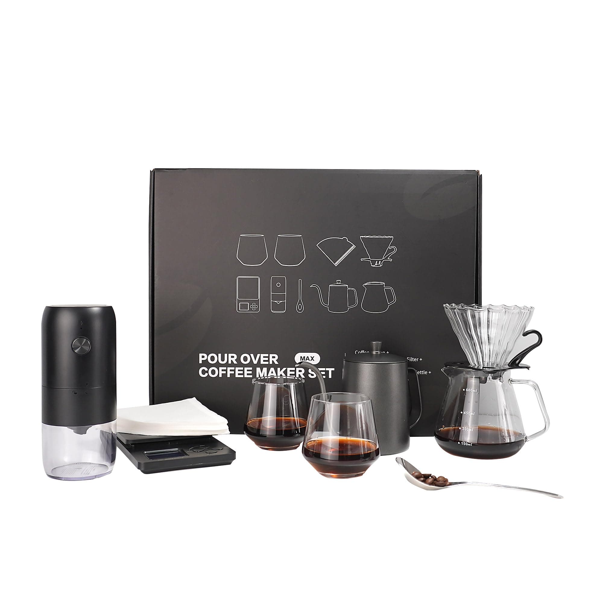 Coffee Pour Over Kit Hand Drip with Kettle, Electric Grinder, Camping Travel Coffee Kit Ideal for Anniversary Birthday Gift