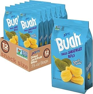 Jans Buah Jackfruit Chips (7.05 Oz Bag, Pack of 12) - Dried Jack Fruit Chips Experience Real Fruit, Gluten-Free, Sweet & Crunchy, Ready-to-Eat, Perfect for Anytime Snacking