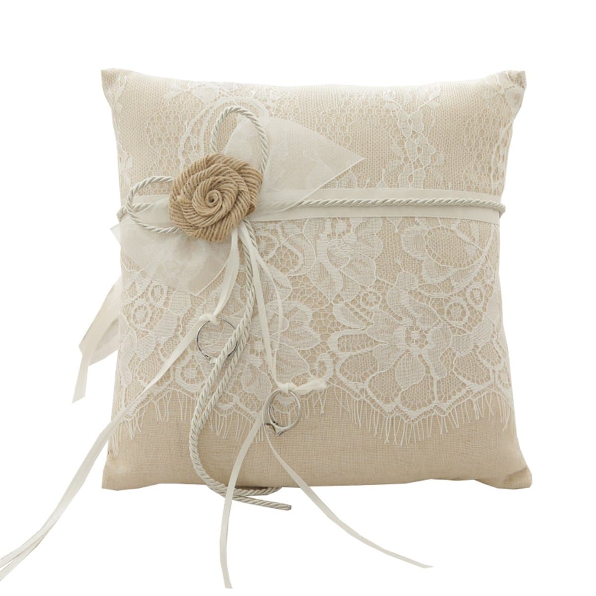 SILKTALK Handmade Hessian Wedding Ring Pillow Rustic Burlap Ring Cushion Bearing with Eyelash Lace 21cm*21cm