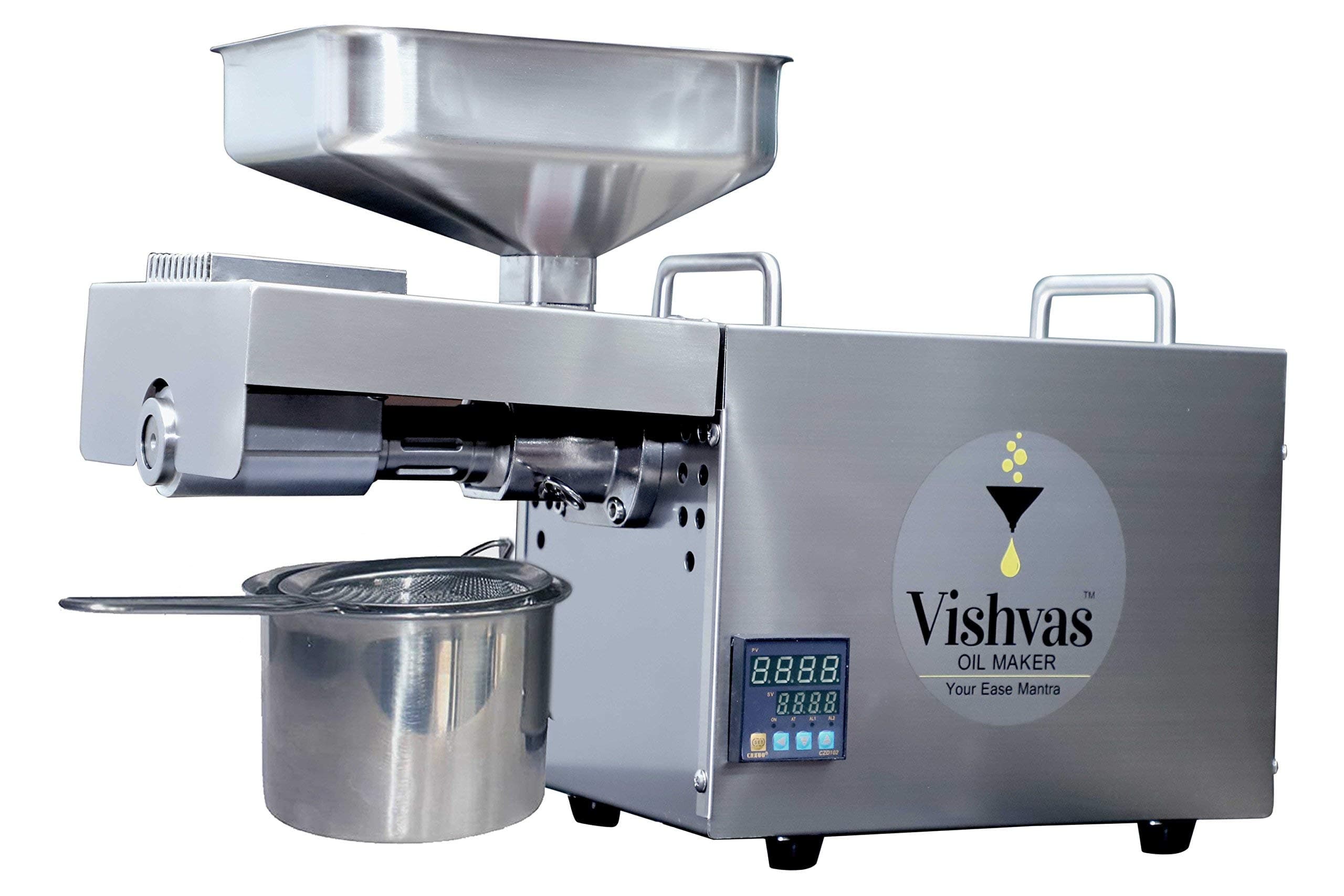 VISHVAS OIL MAKER-YOUR EASE MANTRA WITH DEVICE Oil Maker Machine Vi-582Tc 600 Watt Cold Oil Press / Extraction Machine With Multiple Seed Temperature Controller, Stainless Steel, 600 Watt