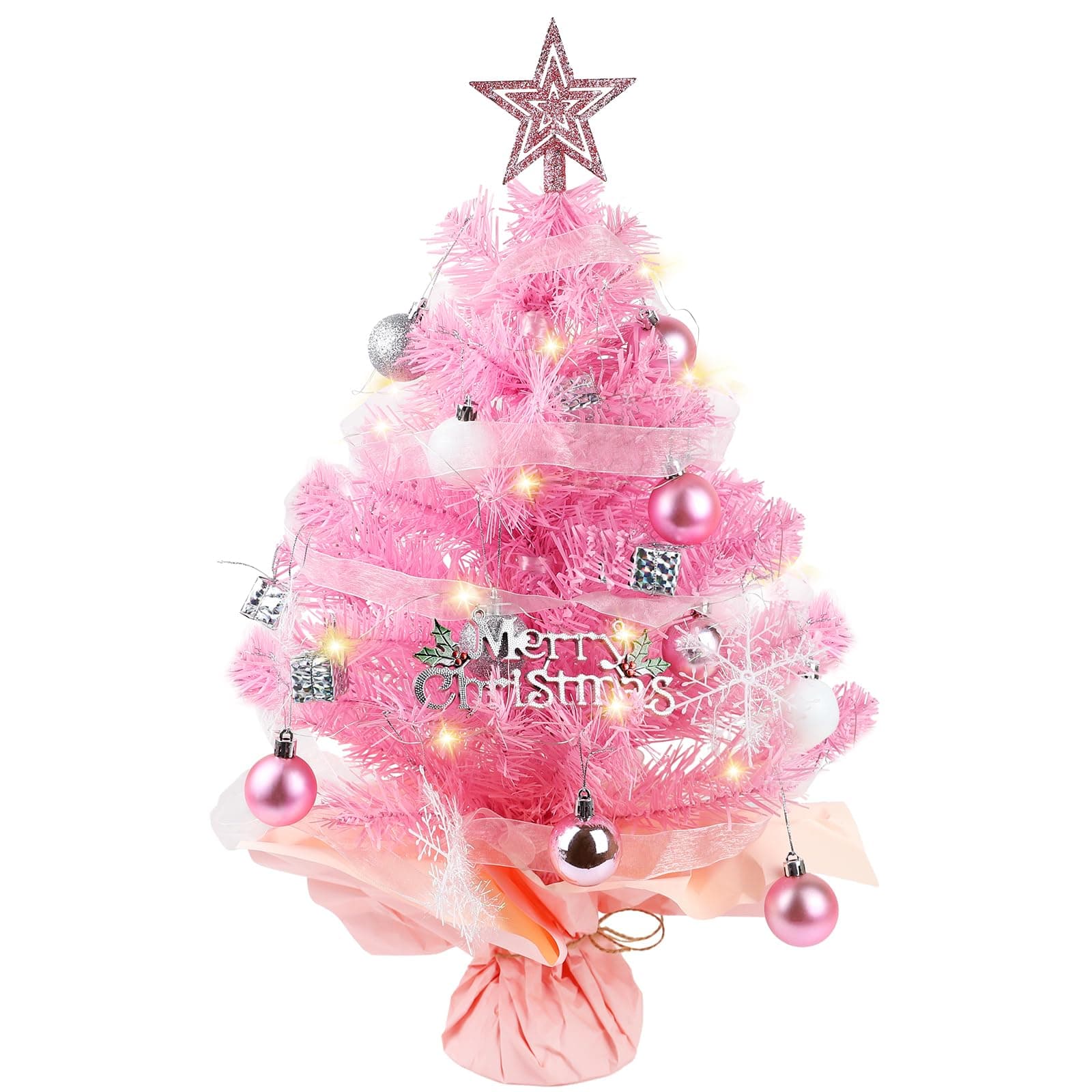 Mini Christmas Tree 23.62 inch, Pink Christmas Tree, Tabletop Christmas Tree Decorations with LED String Light, Star & Ball Christmas Ornament, Holiday Decorations for Office/Kitchen/Children's Room