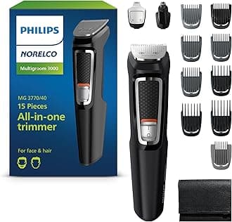 Philips Multigroom 3000 Series, All-in-One Trimmer, Beard Trimmer and Hair Clipper, 15-Piece Men's Grooming Kit for Head, Beard, Face, Nose, Ears, No Blade Oil Needed, Soft Pouch, MG3770/40