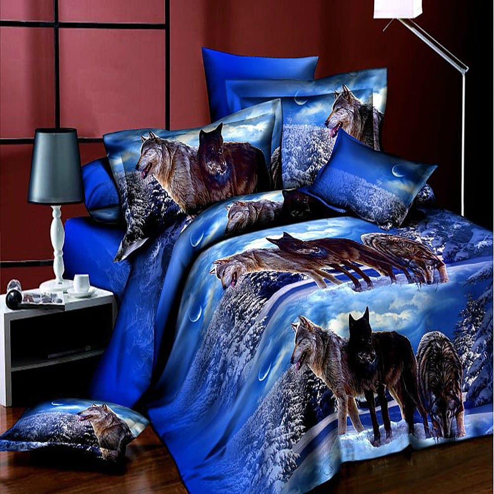 HeaveWolf Duvet Cover Set Queen Size Wolf Printed Bed Set with Sheet and 2 Pillow Covers Manly Bedding 4pcs