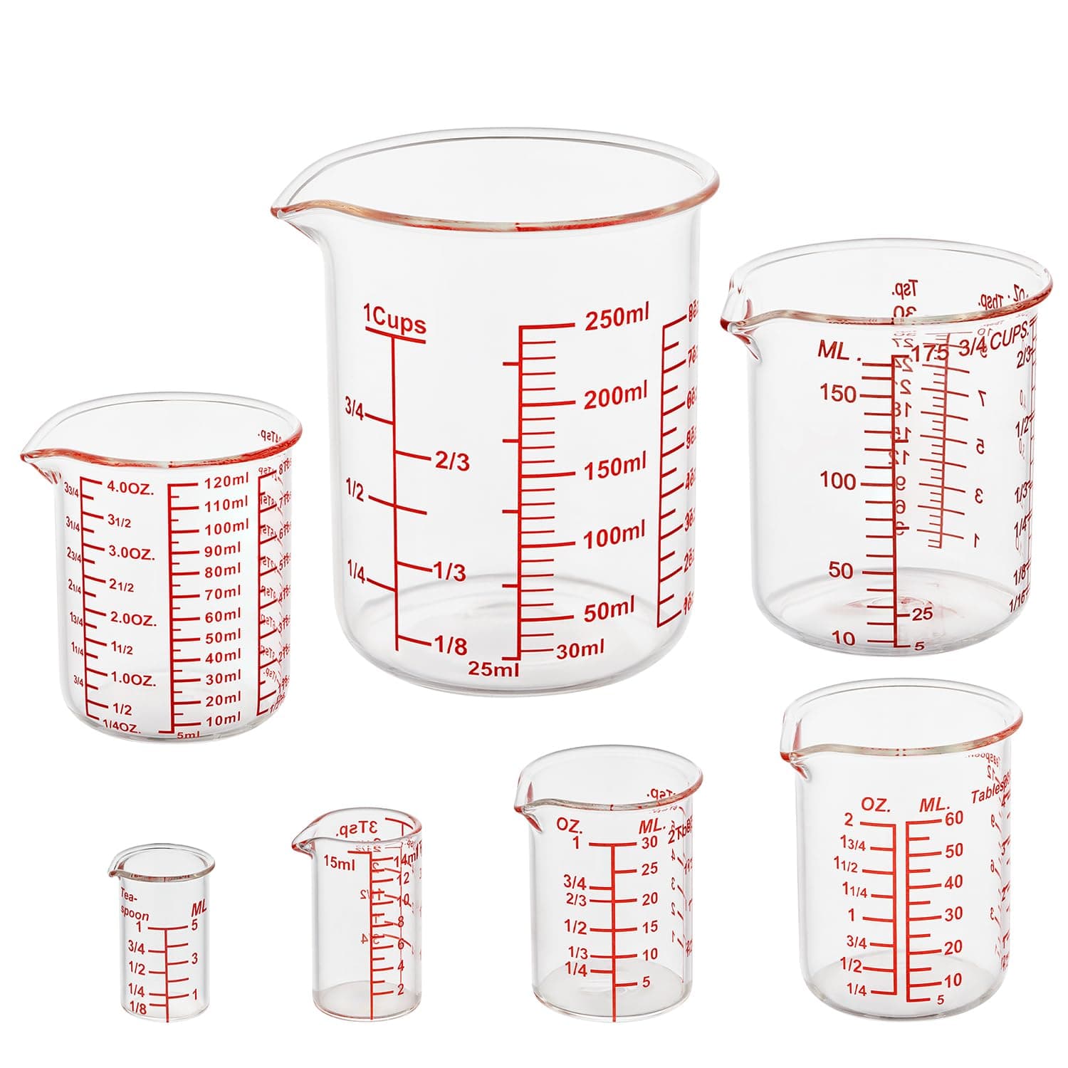 Ackers 7-Piece Glass Measuring Cup Set, Borosilicate Beaker Style Nesting Liquid Measuring Cups