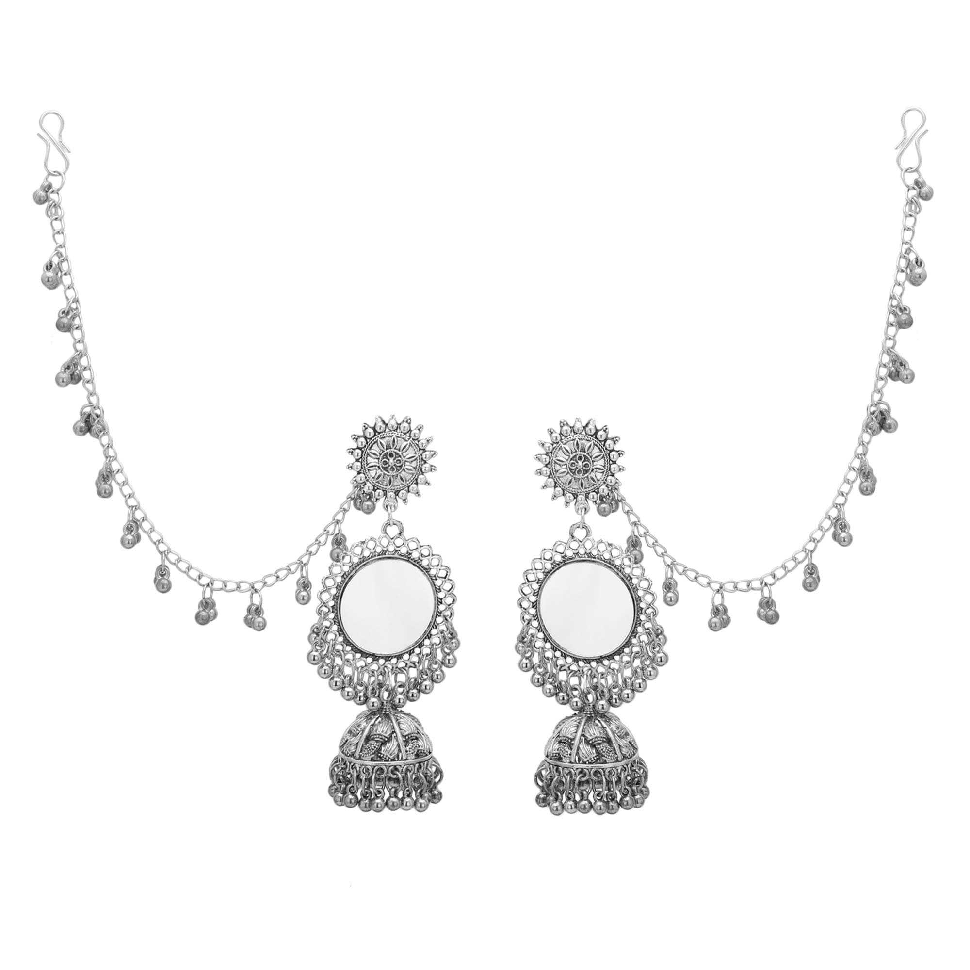 Shreyadzines Traditional Eid collection Oxidized Silver Mirror Work Afghani Style Bahubali Earrings with Hair Chain for Women and Girls
