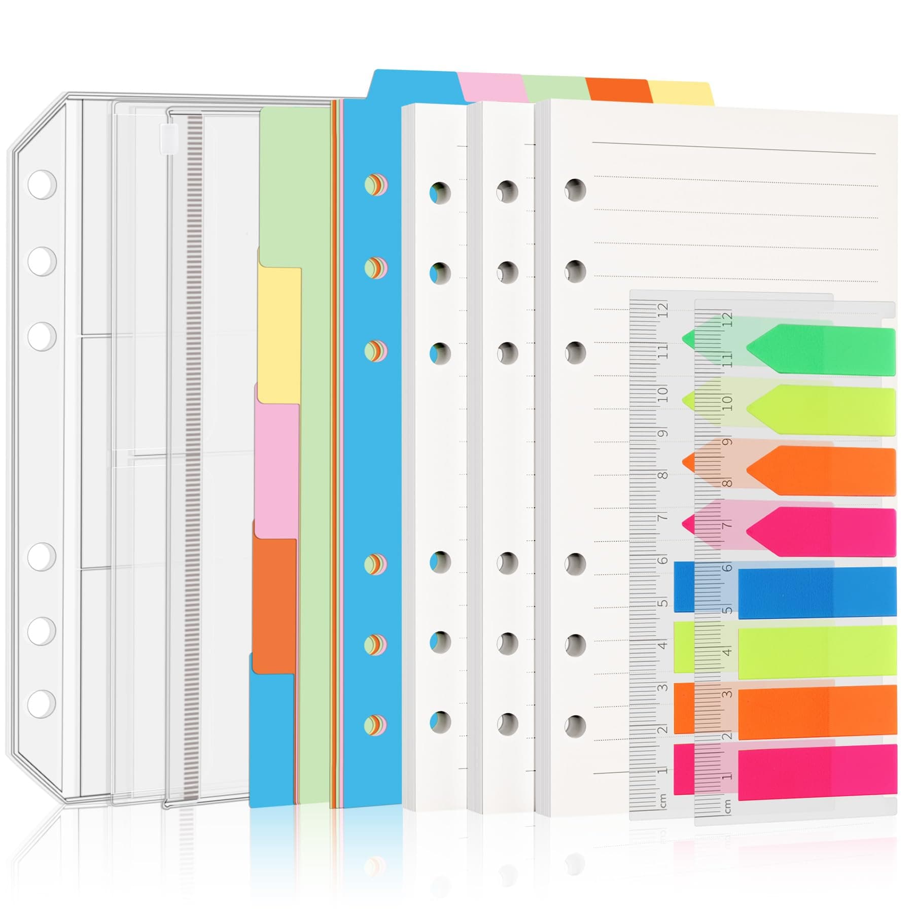 A6 Refill Paper Planner Inserts for A6 6 Ring Notebook Binder, 135 Sheets Lined Filler Paper, 3 Binder Pockets & 10 Dividers & 160PCS Neon Sticky Tabs for Refillable Personal Planners Journals