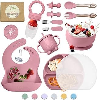 O'doe 17-Piece BPA-Free Silicone Baby Feeding Set | Thick & Soft Suction Plates, Baby Food Bowl, Wooden Fork & Spoon, and More | Make Mealtime Fun and Easy for Your Little One | Rose Pink V2