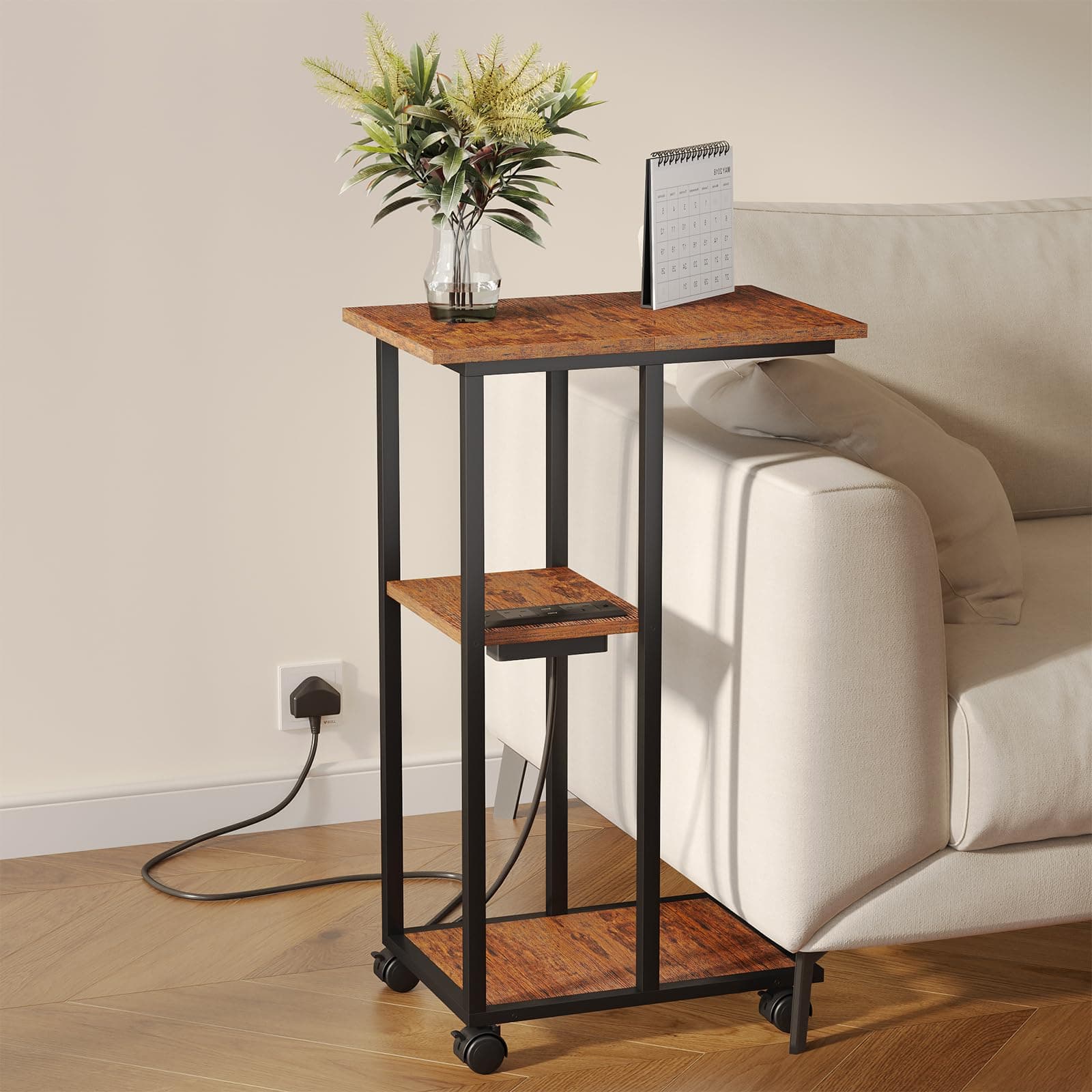 Homsorout C Shaped End Table on Wheels - Bedside With Power Outlet and USB - Sofa Charging for Living Room, Bedroom, Small Spaces - 27.2'' High, Brown