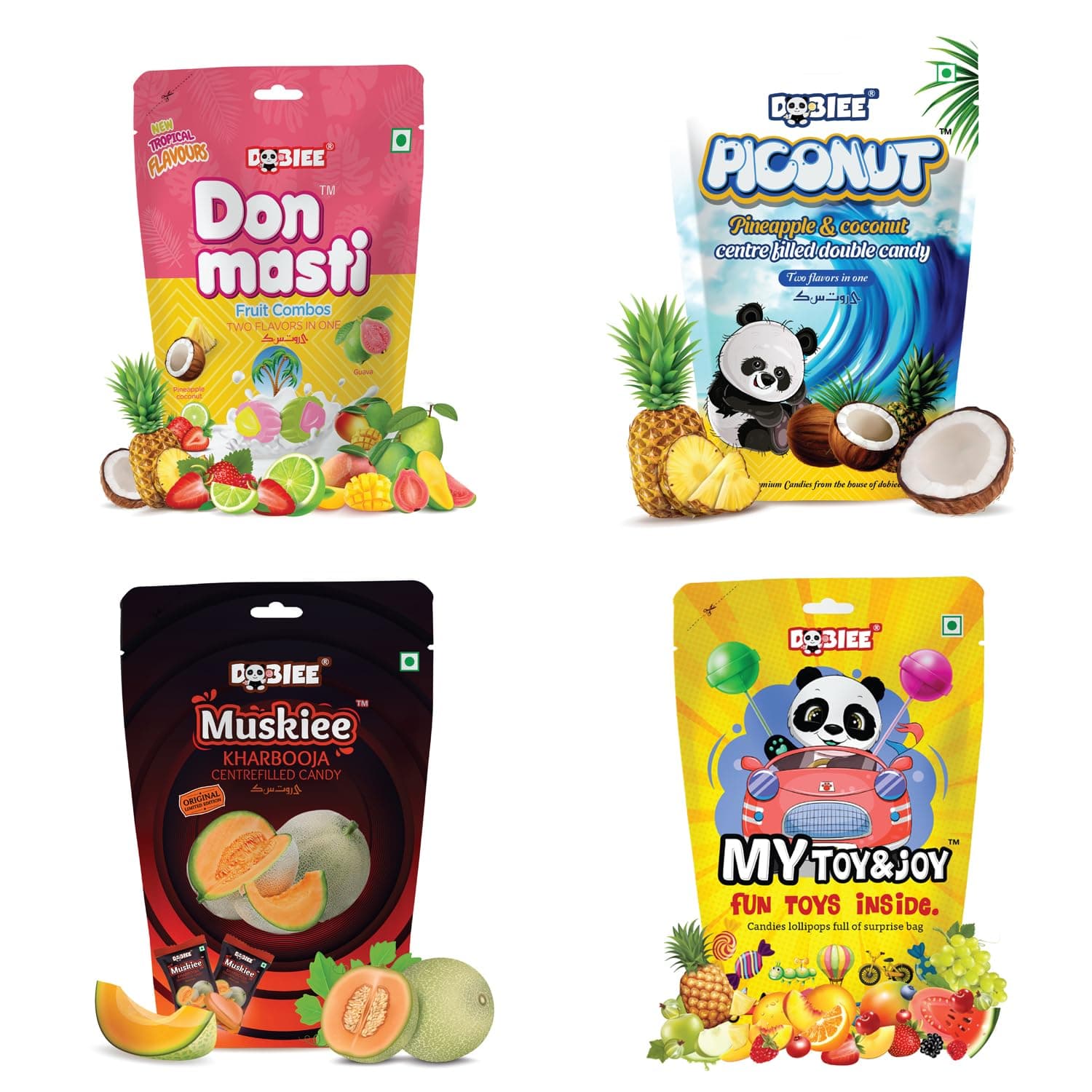 DOBIEE Fruit Flavoured Centre Filled Assorted Candies Combo Pack Of 4 (My Toy & Joy - Assorted, Muskiee - 50 Candies, Don Masti - 50 Candies & Piconut - 50 Candies) | Birthday Party Pack - 0.94 Kg