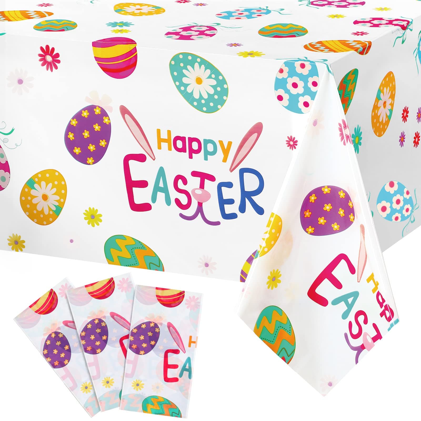 Tatuo 3 Pieces Easter Tablecloth Colorful Eggs Plastic Table Cover Bunny Disposable Tablecloth Happy Easter Table Cover for Spring Home Kitchen Dining Room Decor, 54 x 108 Inch