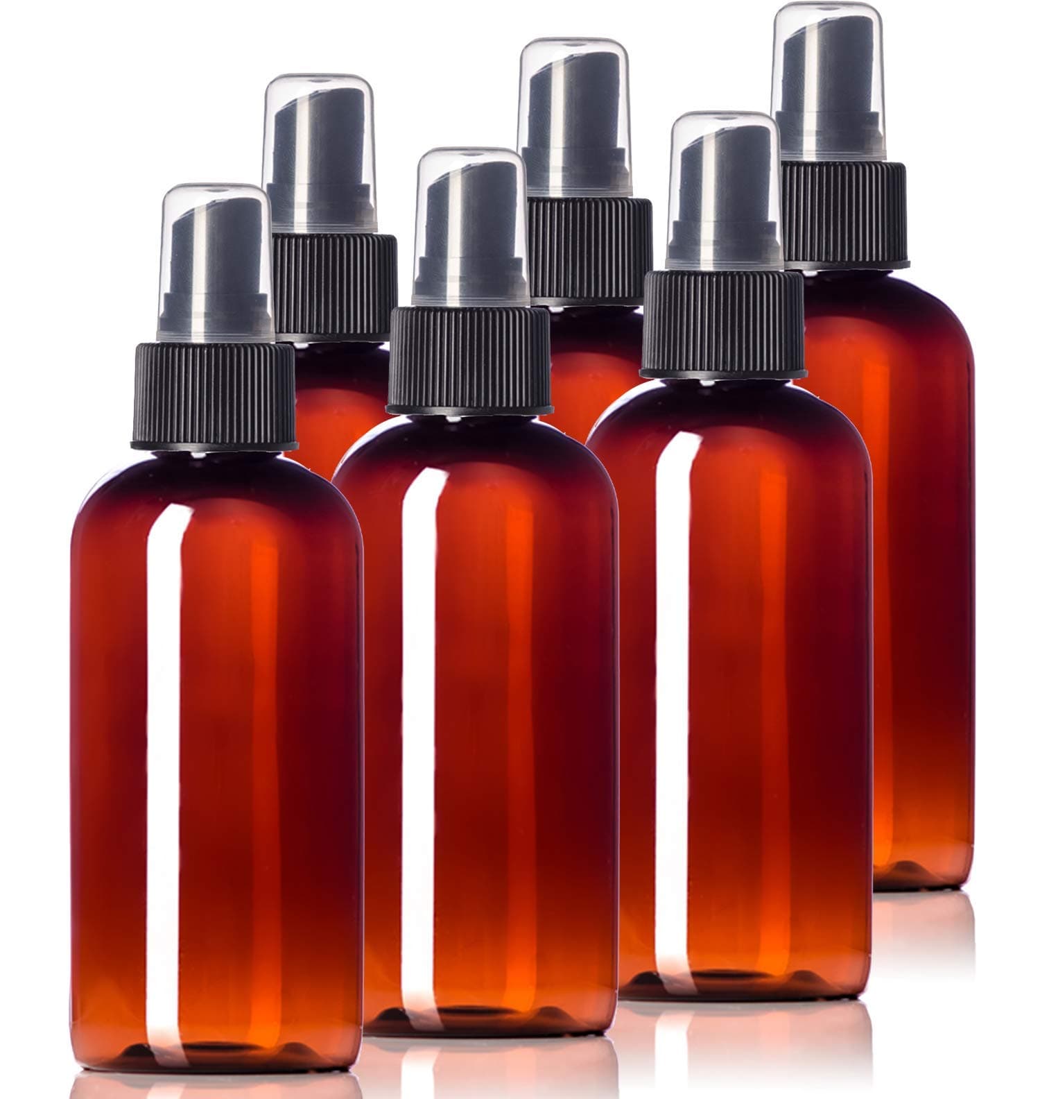 4oz Plastic Amber Bottles (6 Pack) BPA-Free Squeeze Containers with Spray Cap, Labels Included