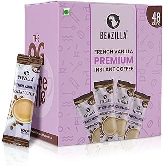 Bevzilla 48 Instant Coffee Powder Sachets (Vanilla) - 96 Grams|Hot & Cold Coffee|Makes 48 Cups|Strong Arabica Coffee|Easy To Carry|Best For Espresso, Latte, Cappuccino| Enjoy Hot & Cold Brews