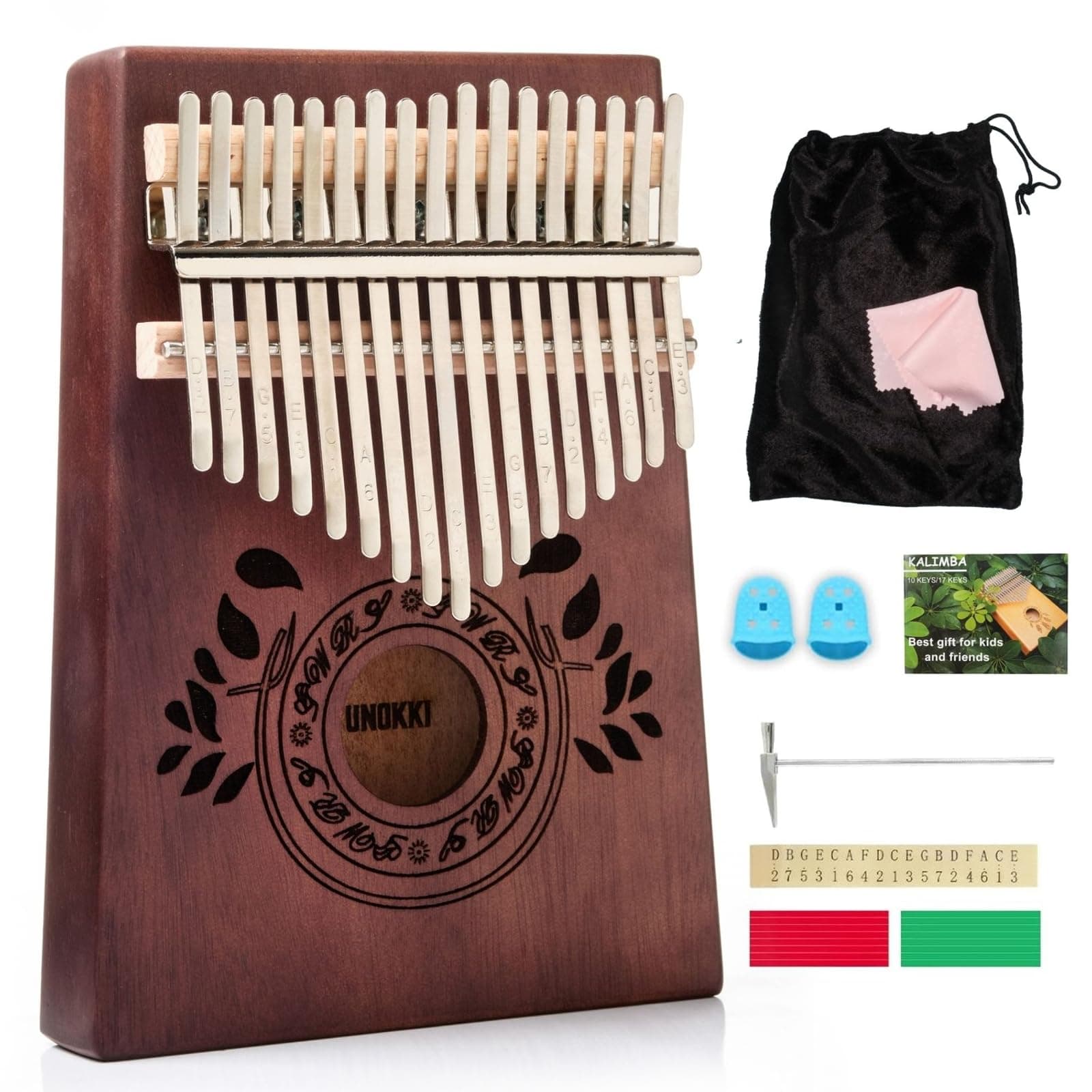 UNOKKI 17-Key Kalimba Thumb Piano - Portable Mahogany Percussion Mbira Instrument - Beginner Tuning Set, Music Instruments for Kids Gifts - Dark Brown