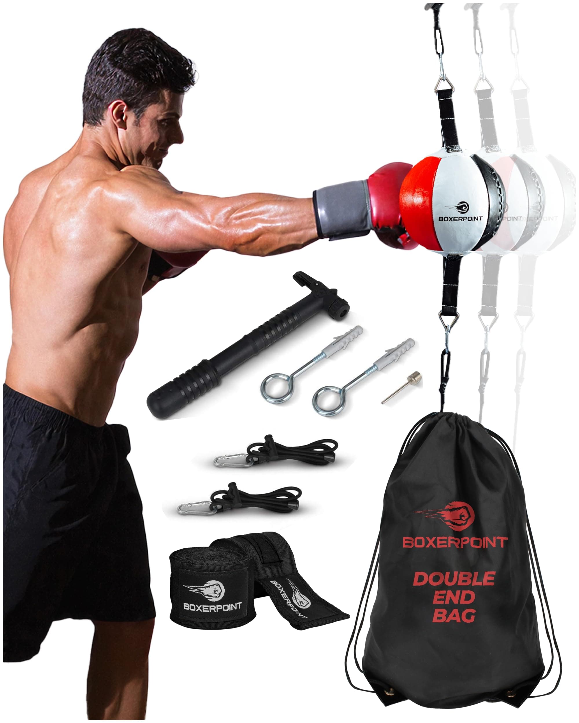 Double End Bag Boxing Ball - PU Leather Double End Boxing Speed Bag - Punching Bag with Adjustable Cords Carry Bag, Pump, Installation Kit - Double Ended Punch Bag - Boxing Accessories