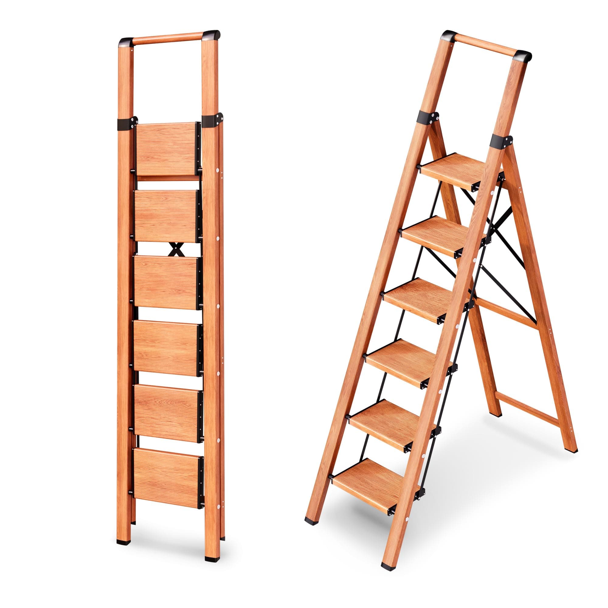 GameGem 6 Step Ladder, Aluminum Folding Step Stool with Anti-Slip Sturdy and Wide Pedal, Portable Lightweight Stepladder with Convenient Handgrip for Home, Office, Kitchen, 330 lbs Capacity(Woodgrain)