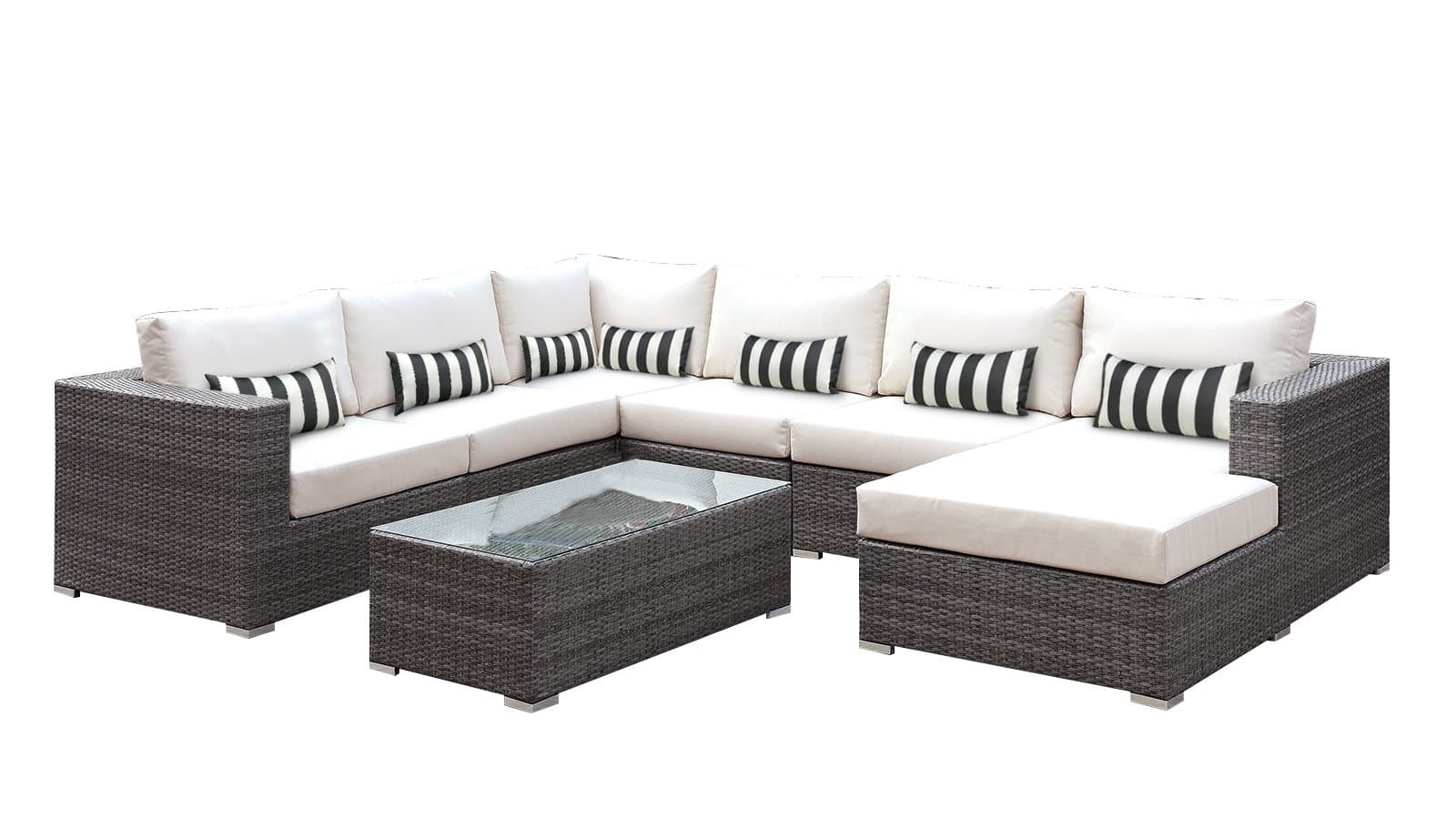 SOLIS Patio Lusso 7 Piece Deep Seated Modular Sectional Set, Grey Rattan/White Cushions, Black/White Stripe Toss Pillows, Grey/Silver/Cream