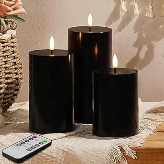 Eywamage Black Flameless Halloween Pillar Candles with Remote, Real Wax Flickering LED Battery Candles Set of 3