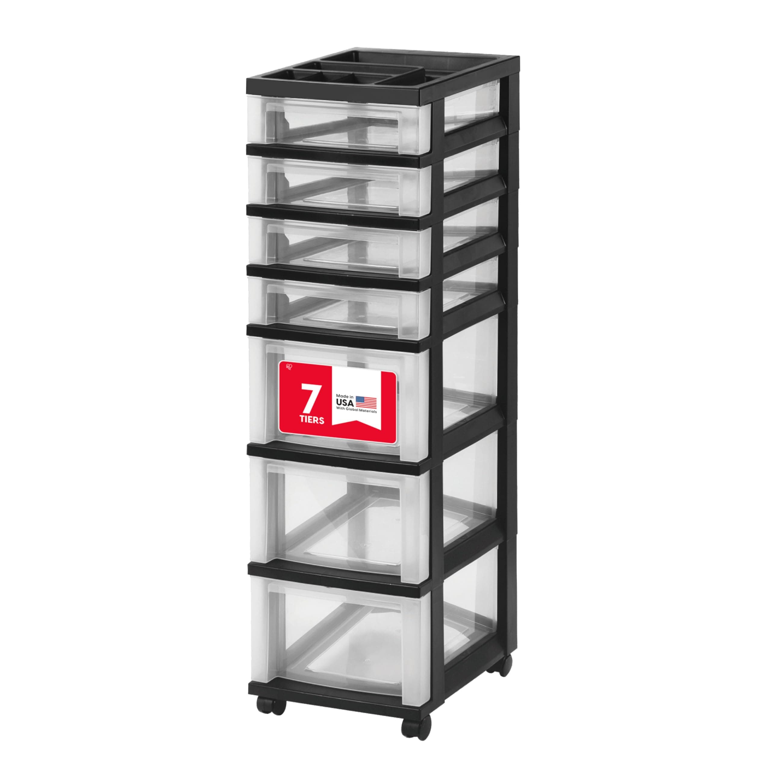 IRIS USA Plastic Drawer Storage Organizer Rolling Cart, with Wheels Casters, 7-Drawers, for Classroom Art Craft Supplies Dresser Closet Bathroom Dorm Bedroom Laundry Room, Black/Clear