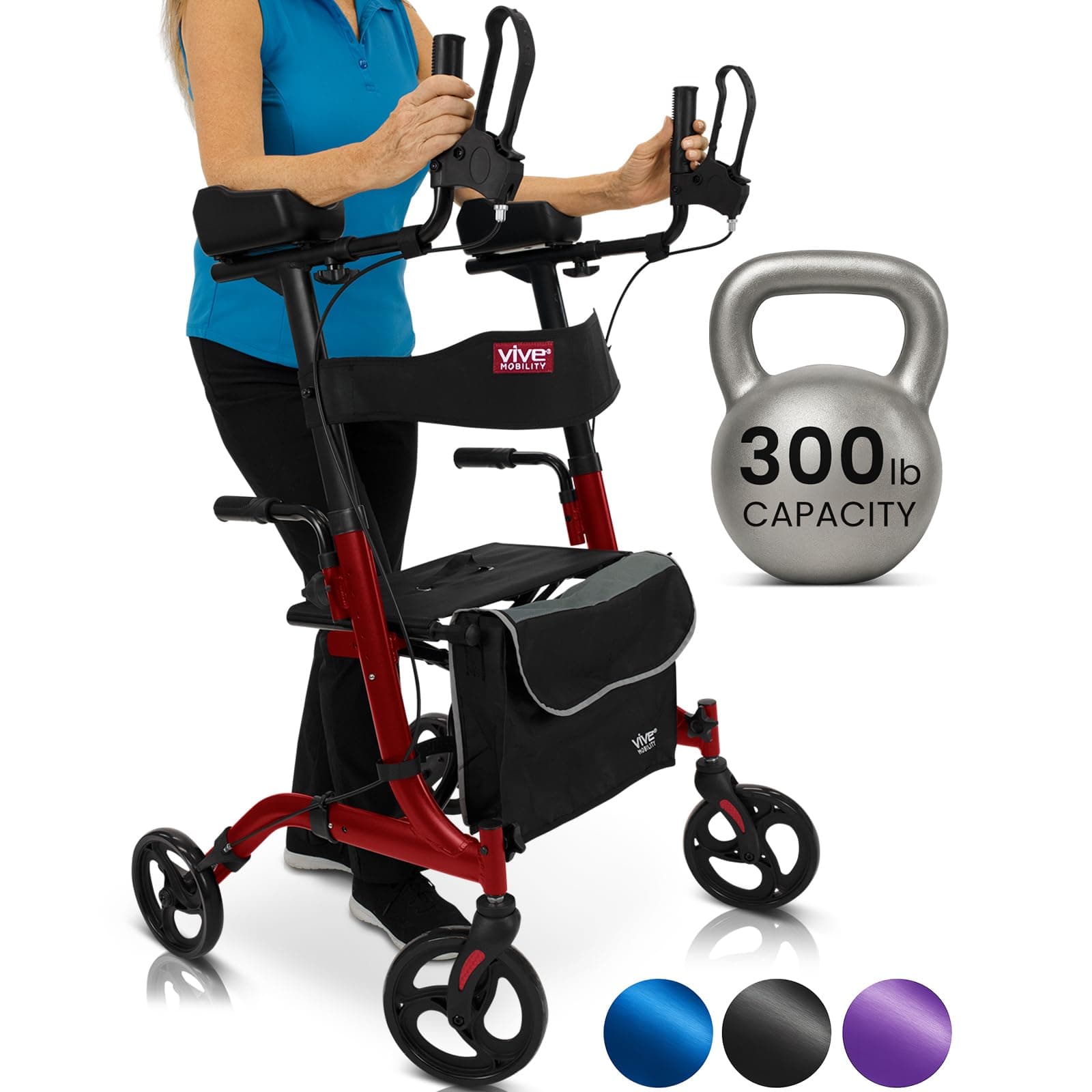 Vive Mobility Upright Walker with Seat - Stand Up Rollator, Arm Rests, Heavy Duty, Folding Medical Aid Scooter for Elderly, Seniors - Walking Assist, Foldable Transport Chair - 300 lb Capacity