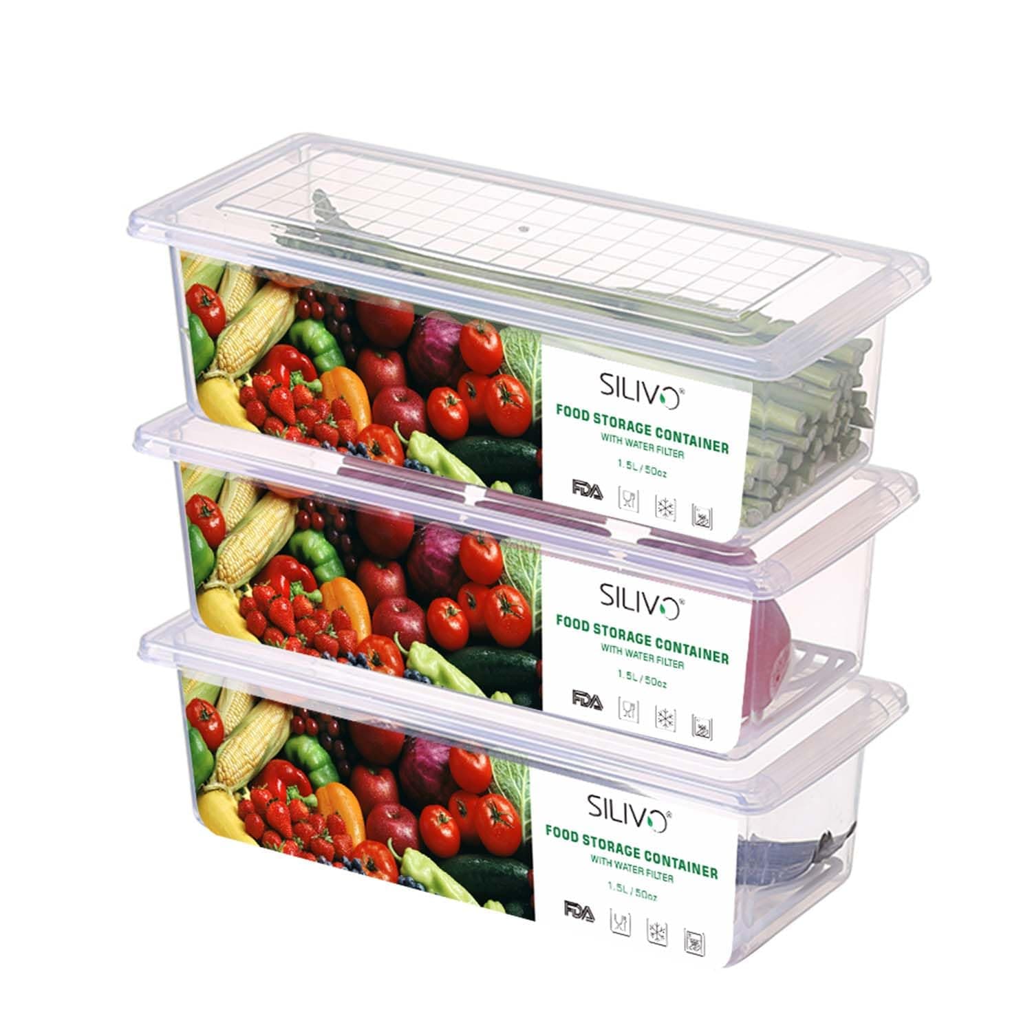 SILIVO Fruit Storage Containers for Fridge (3 Pack) - 1.5L Produce Saver Containers for Refrigerator with Removable Drain Tray Keep Fresh for Produce, Bacon, Fruits and Vegetables