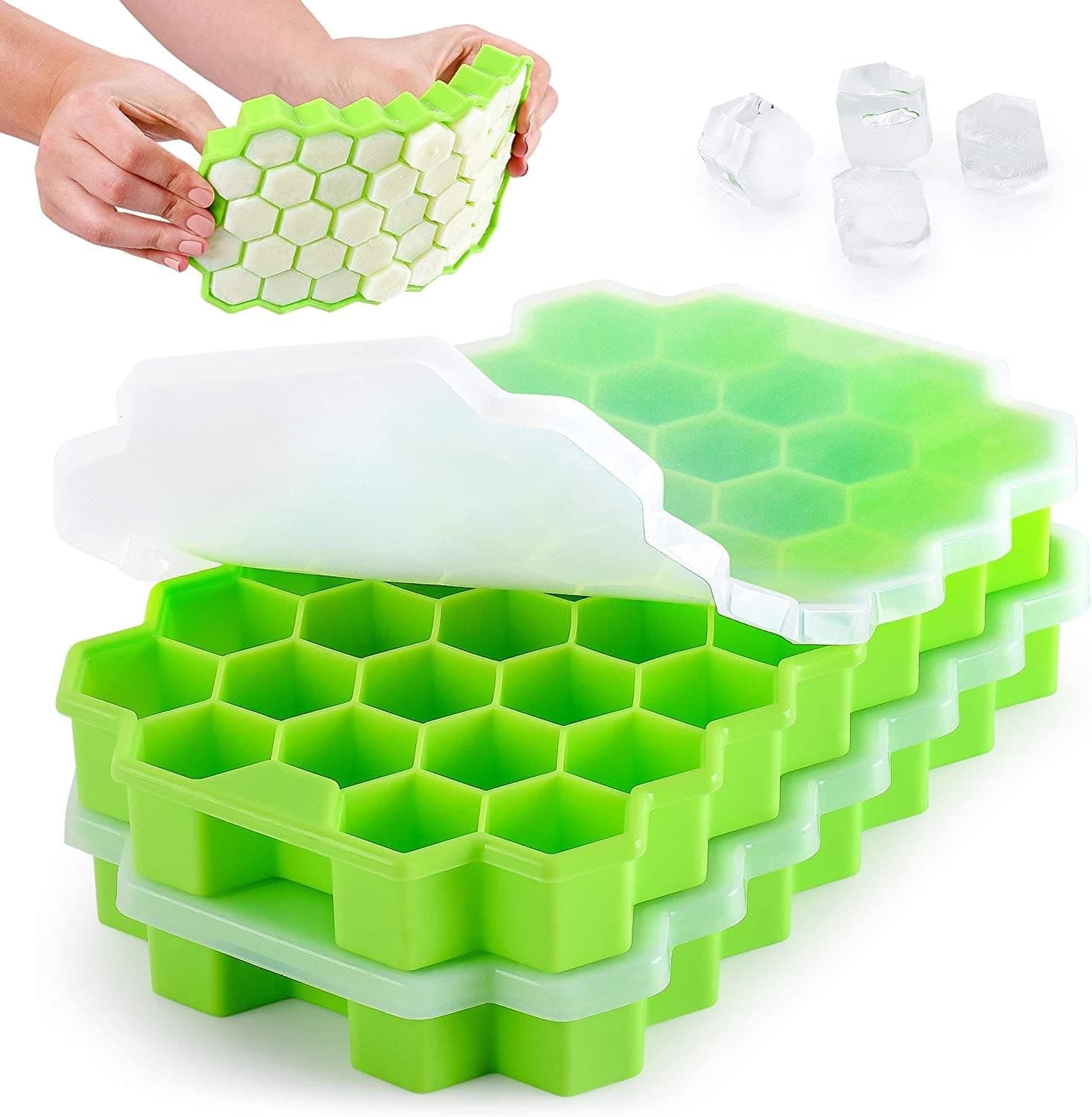 1 Pack Ice Cube Trays Silicone Ice Cube Molds, Easy-Release and Flexible 37 Ice Trays BPA Free, for Whiskey Cocktail, Stackable and Safe Ice Cube Honeycomb Small Cubes Fridge Bar Soft Tray (with Lid)