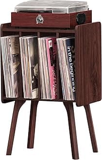Small Record Player Stand - Width 11.7 in, Walnut Vinyl Record Storage Table with 4 Cabinet Up to 80 Albums, Vinyl Holder with Wood Legs,Turntable Stand Display Shelf for Bedroom Living Room