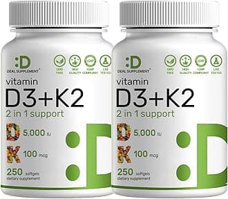 2 Pack Vitamin D3 K2 Softgel, 360 Counts, 2-1 Complex, Vitamin D3 5000 IU & Vitamin K2 MK7, Promotes Heart, Bone & Teeth Health - Very Easy to Swallow