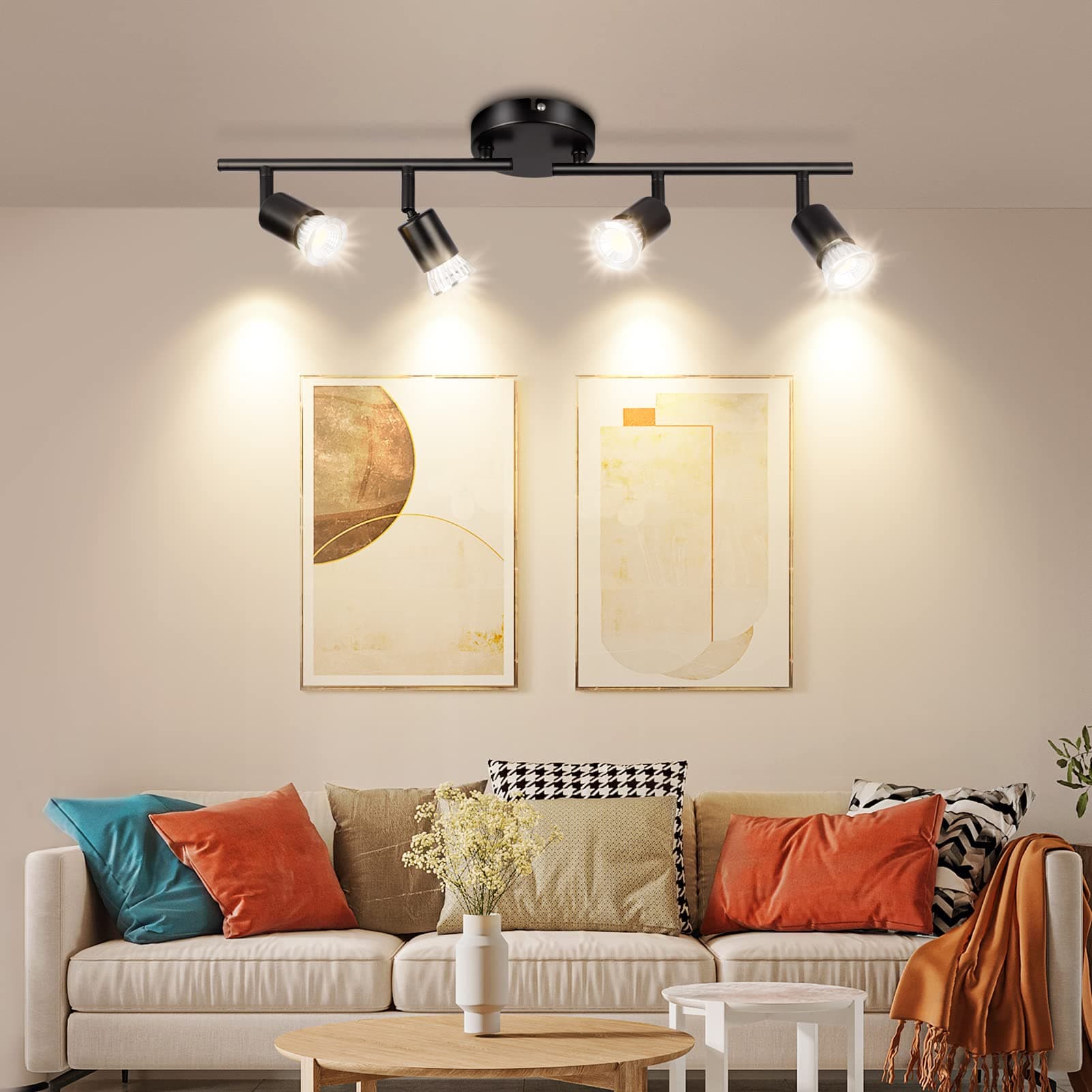 LED Track Lighting Kit, Ceiling Spotlight Flexibly Rotatable Light Heads, Including 4 GU10 LED Bulbs (Black, Warm light-2700K)
