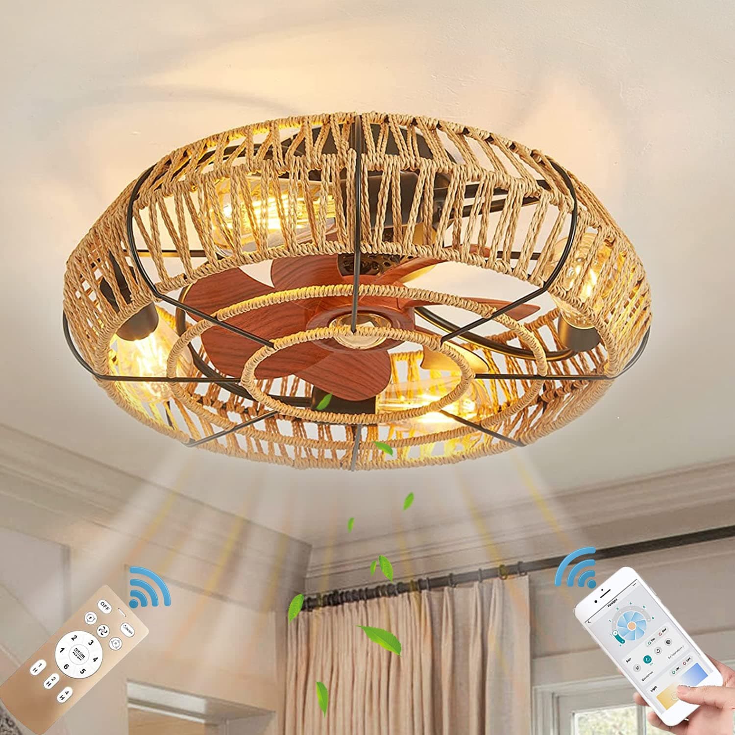 KZT Ceiling Light with Fan and Remote Control E27 Vintage Mute Ceiling Fan with Lamp Industrial Caged Rope Fan Lighting with Timer 6 Wind Speed Reversible for Bedroom Living Room Restaurant Lamps