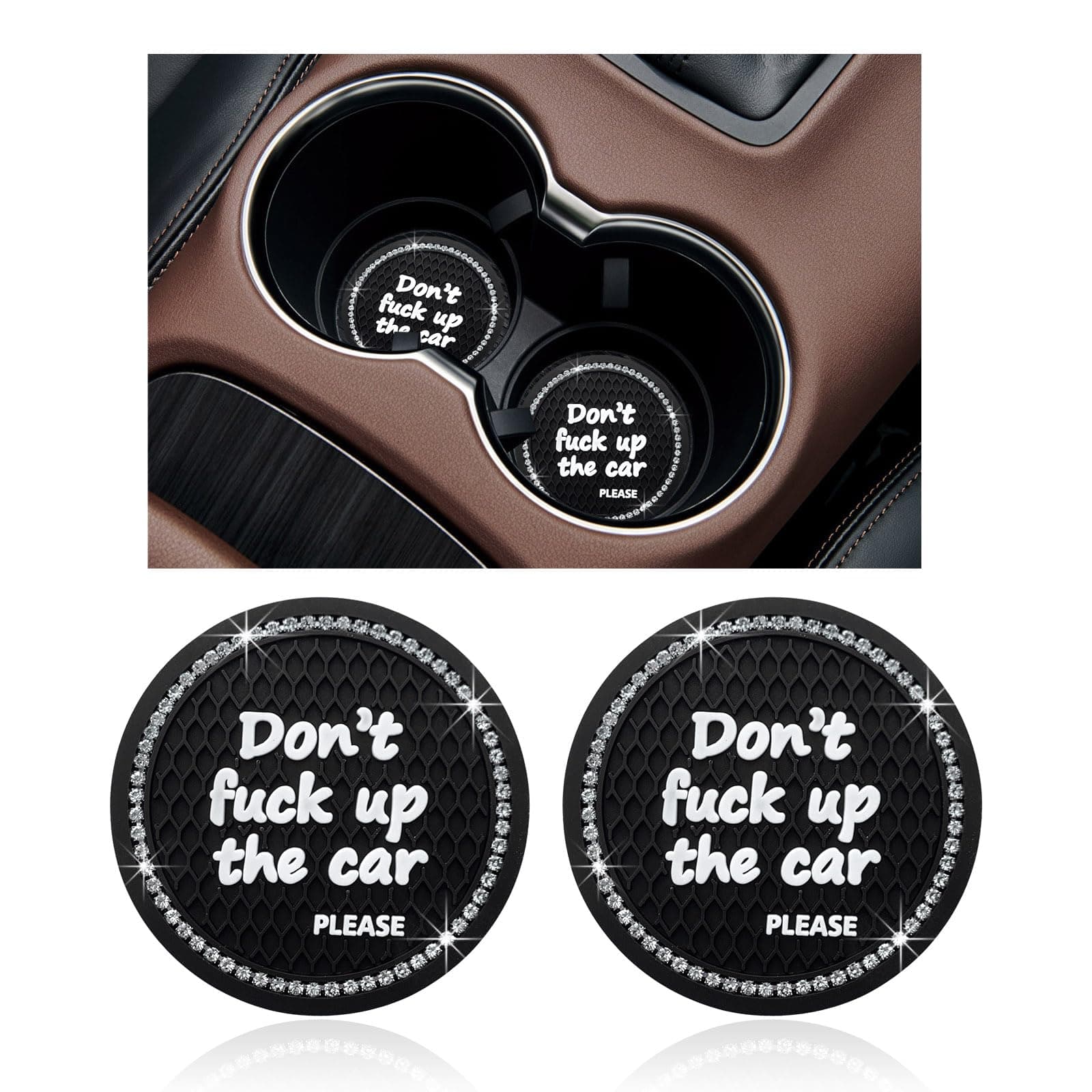 Ziciner 2 Pack Bling Car Cup Holder Coaster, 2.75 Inch Anti-Slip Auto Insert Cup Coaster, Crystal Car Drink Cup Mat Perfect for Women Girls, Universal Interior Decor Accessories (Black)