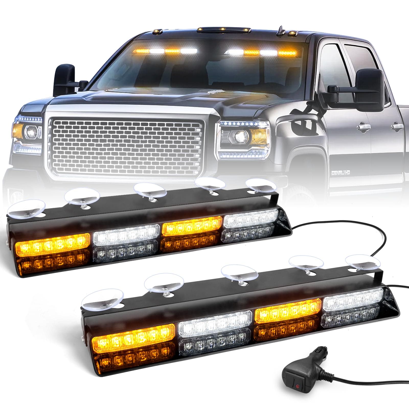 HLAUTO 6Z4J Dash Emergency Strobe Lights - 2 x 16.8 Inch Amber White Safety Lights 48 LED Flashing Hazard Interior Windshield Visor Bars