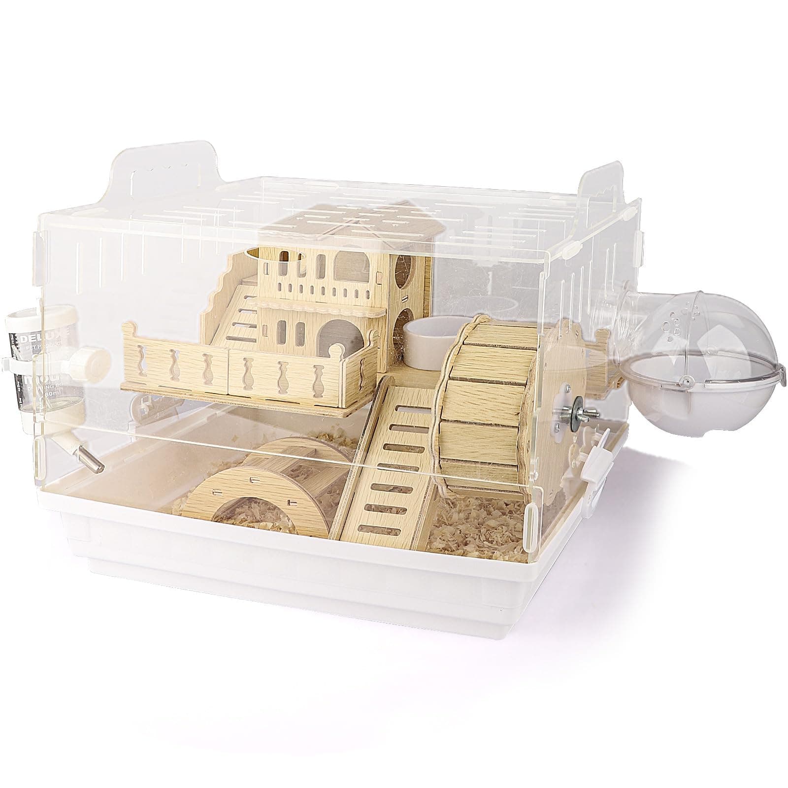 Cycodo 8 in 1 Acrylic Hamster Cage,2-Tier Dwarf Hamster Cage with Wooden Wheel & Hideout,Small Hamster Habitat with Accessories,Clear Pet Mice House(White,14" L*10" W*11" H)