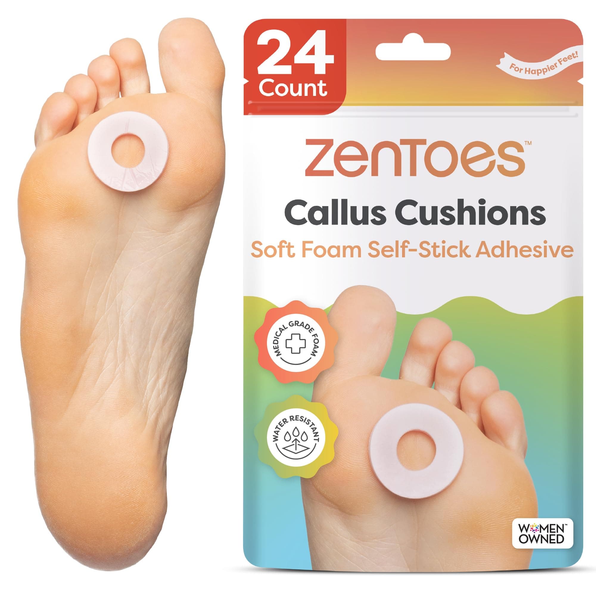 ZenToes Callus Cushions Round Foam Padding with Water-Resistant Self-Stick Adhesive, Protects Foot, Heel and Toes from Rubbing and Friction, Pain Relief from Shoe Pressure (24 Count)