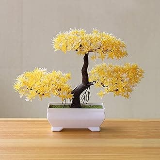 Gemini_mall Artificial Bonsai Cedar, Welcoming Pine Emulate Bonsai Simulation Decorative Artificial Flowers Fake Green Pot Plants Ornaments Home Decor Yellow
