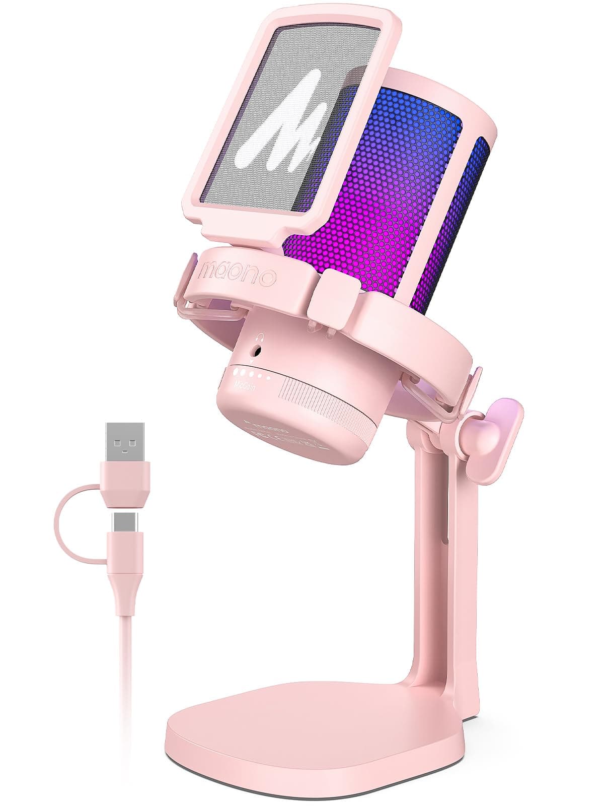 USB Microphone for PC, RGB Gaming Mic with Mute Button, Noise Cancellation Condenser Microphone with Gain knob for Streaming, Podcast, Recording, Chat, Compatible with PS5/PS4/Mac, DGM20, Pink