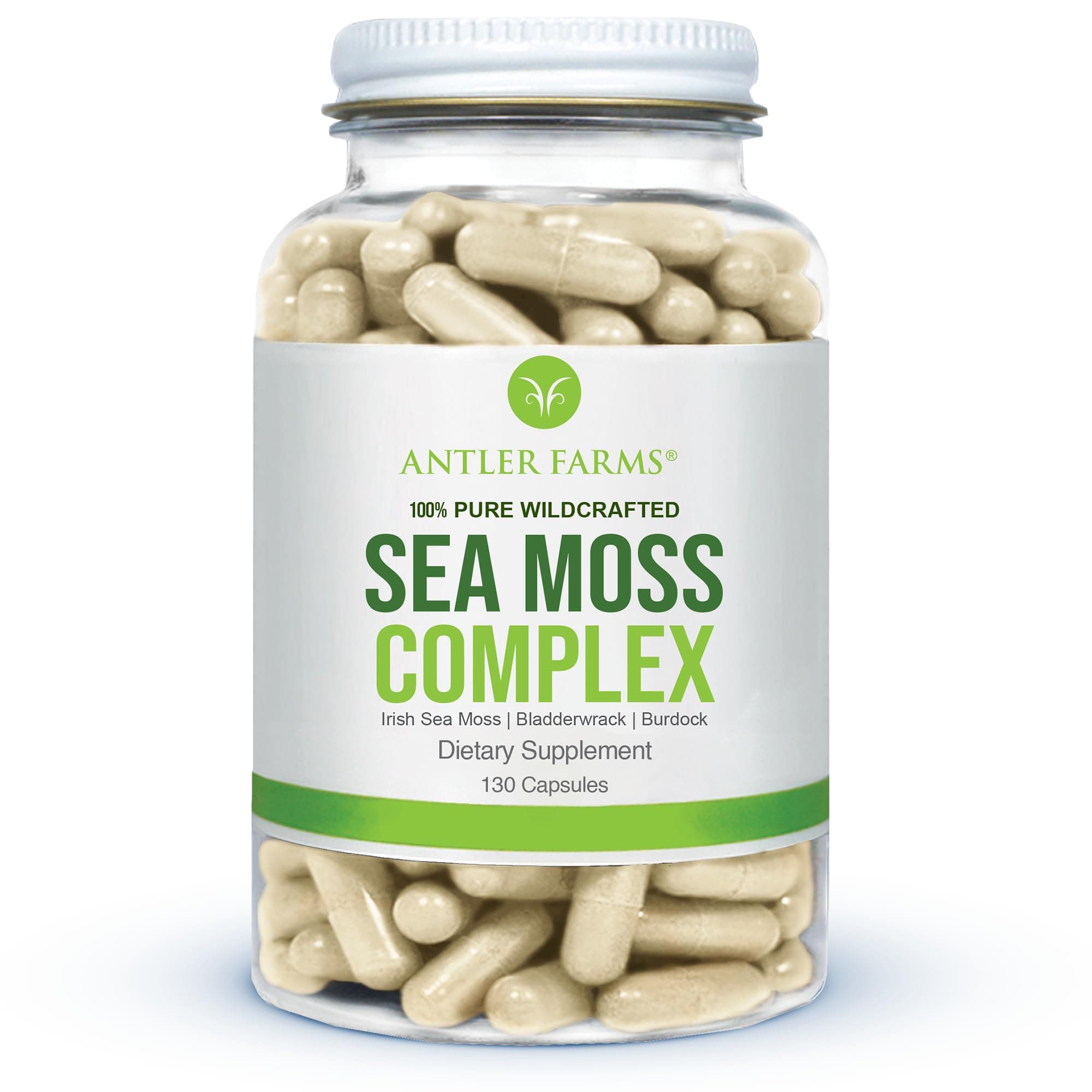 Antler Farms – 100% Pure Sea Moss Complex, 130 Capsules, Wildcrafted Irish Sea Moss, Bladderwrack, and Burdock Root – A Potent Blend for Wellness, Vegan-Friendly, Gluten, Soy, and Dairy Free